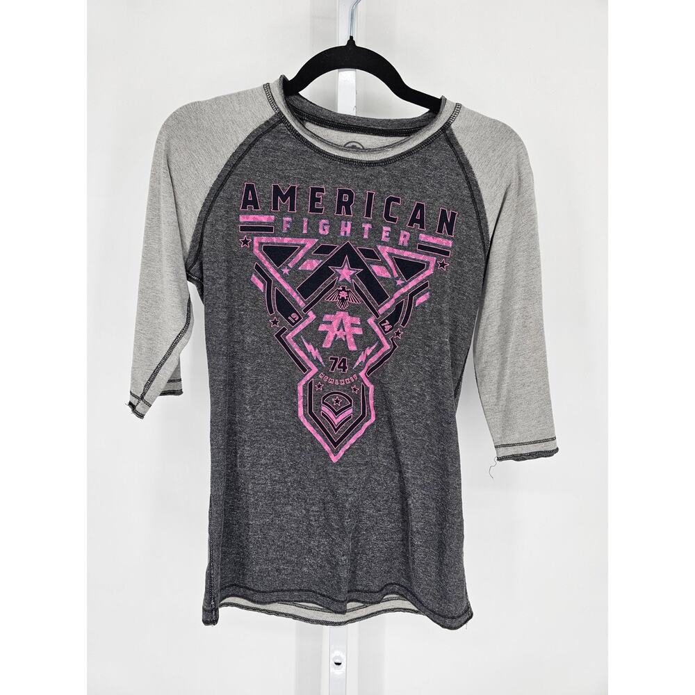 American Fighter Hatsdale raglan t-shirt Womens Sz S Gray and White